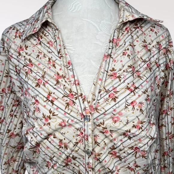 Faded Glory Floral Button Up Shirt Stretch Cotton Blend 3/4 Sleeve Size 16W - Picture 2 of 10